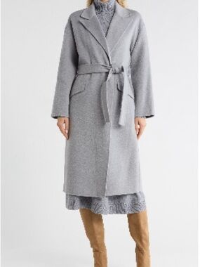 Theory Gray Wool-Blend Belted Long Coat